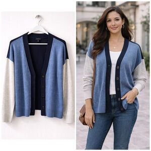 Talbots 1X Navy Colorblock 3-Tone Oversized Knit Button Cardigan Sweater Size XL